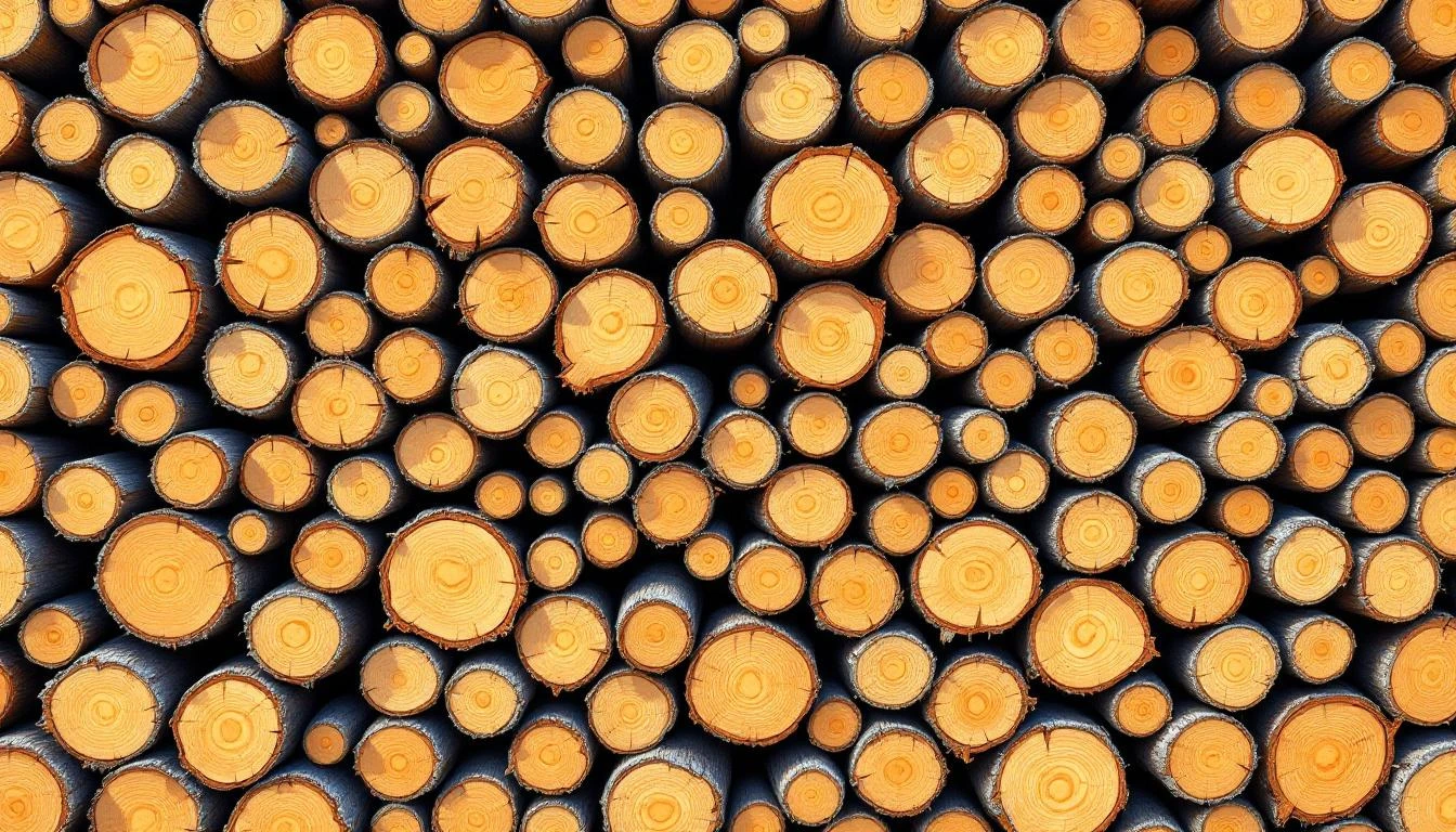 Dense wall of stacked split firewood logs with visible growth rings, photographed in warm raking light.