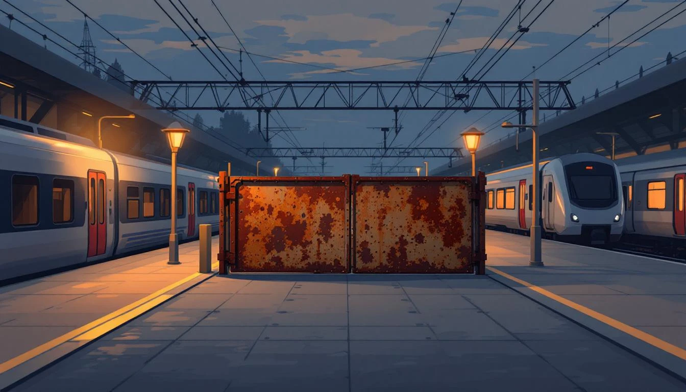 A rusted iron barrier sealing one train platform gate shut while adjacent gates stand open at dusk.