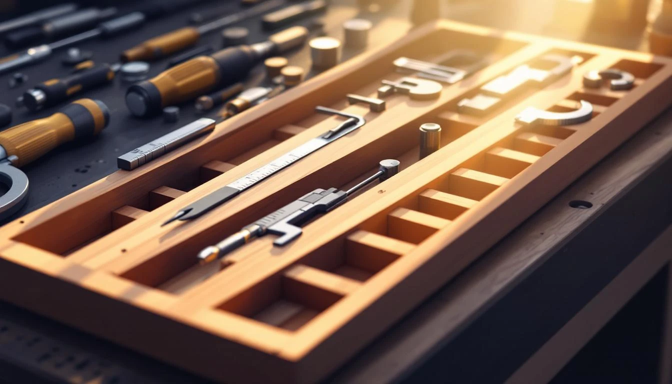 Precision measurement tools sorted by type in a wooden slot organizer under warm side lighting.