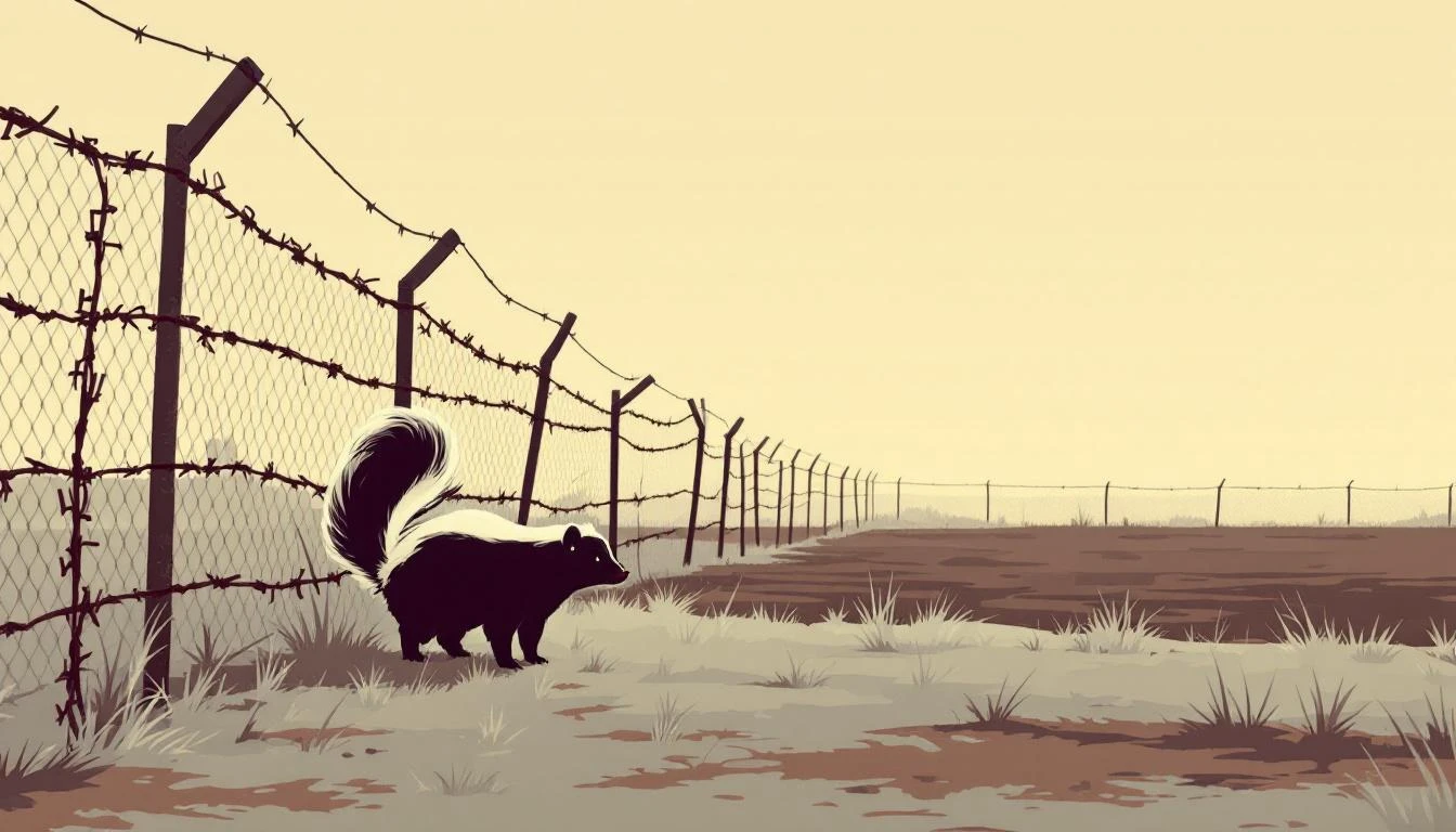 A skunk beside rusted barbed wire on frost-bitten grass under a flat grey Midwestern sky.