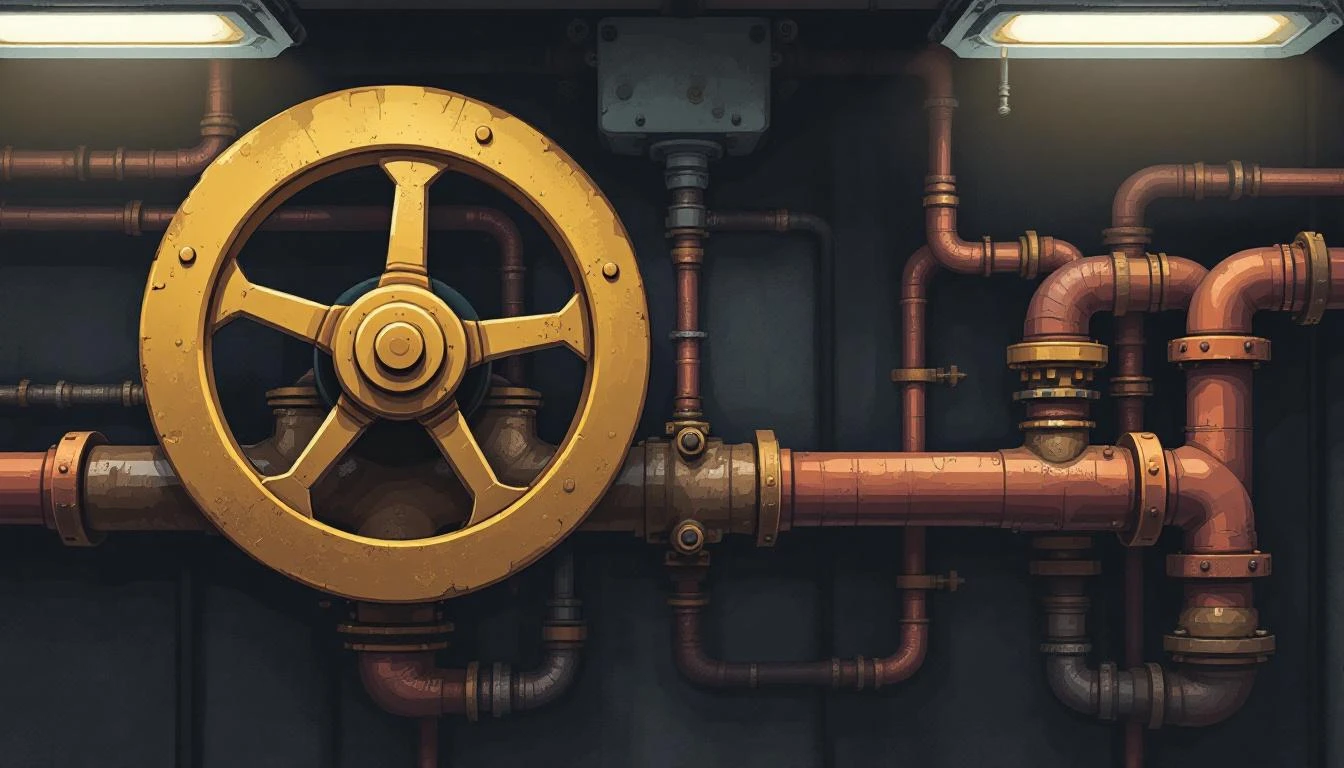 Brass valve wheel turned closed on one copper pipe among open valves in a dim industrial basement.