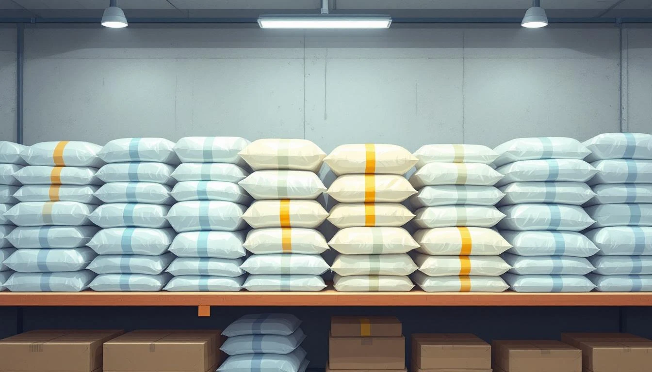 Warehouse shelves packed with vacuum-sealed packages compressed to varying densities under fluorescent light.