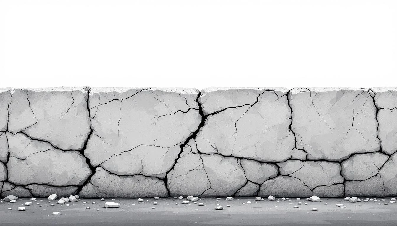 Weathered stone wall with repeated impact marks and cracks, small stone fragments at its base.