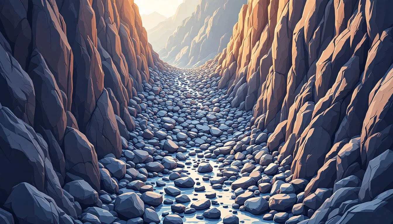 Stone wall barrier in a mountain pass filtering large jagged boulders from small smooth stones in golden light.