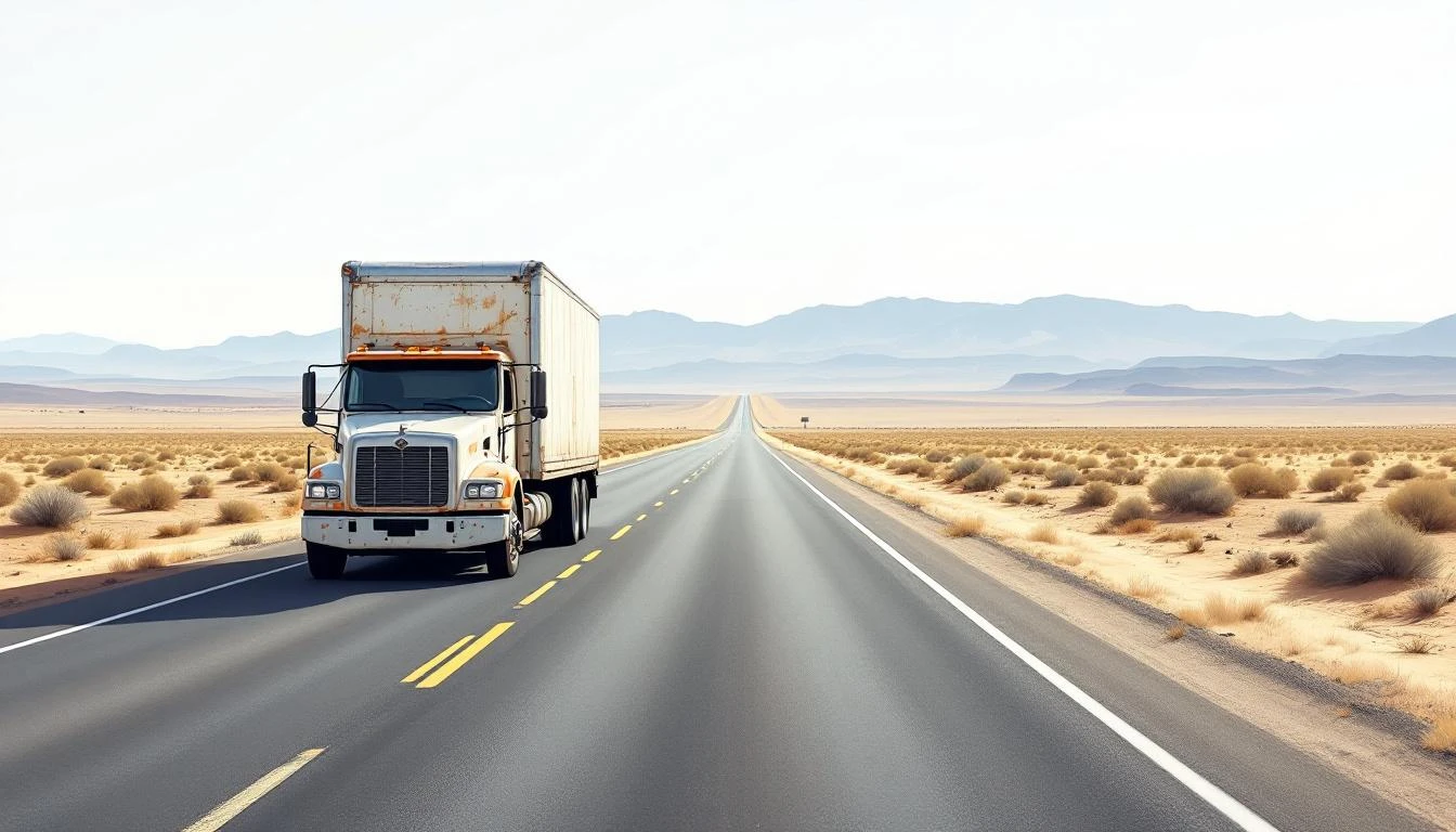 A faded white moving truck parked on a long empty desert highway under a wide overcast sky.