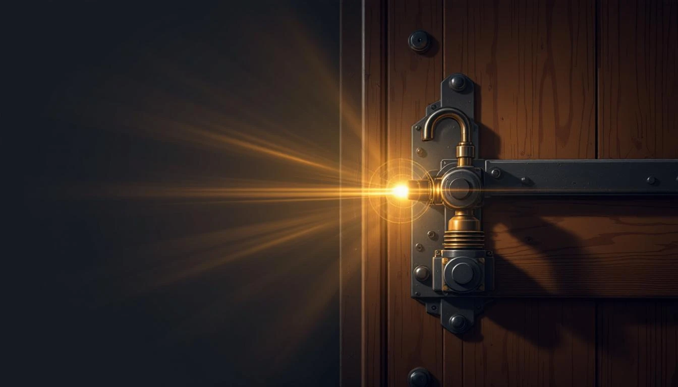 A brass lever locked by a mechanical latch on a weathered oak control panel lit by a single amber bulb.