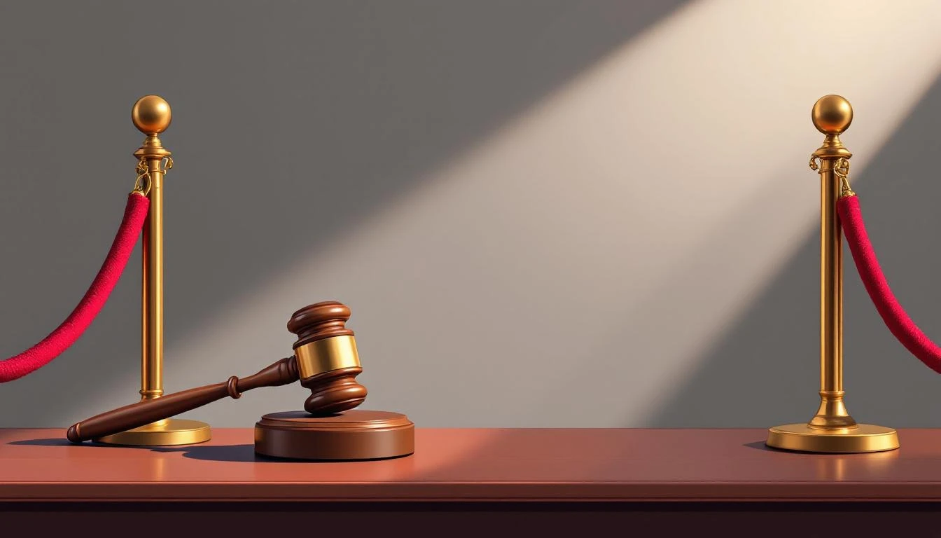 A courtroom gavel beside a velvet rope barrier on a polished mahogany surface under cool overhead light.