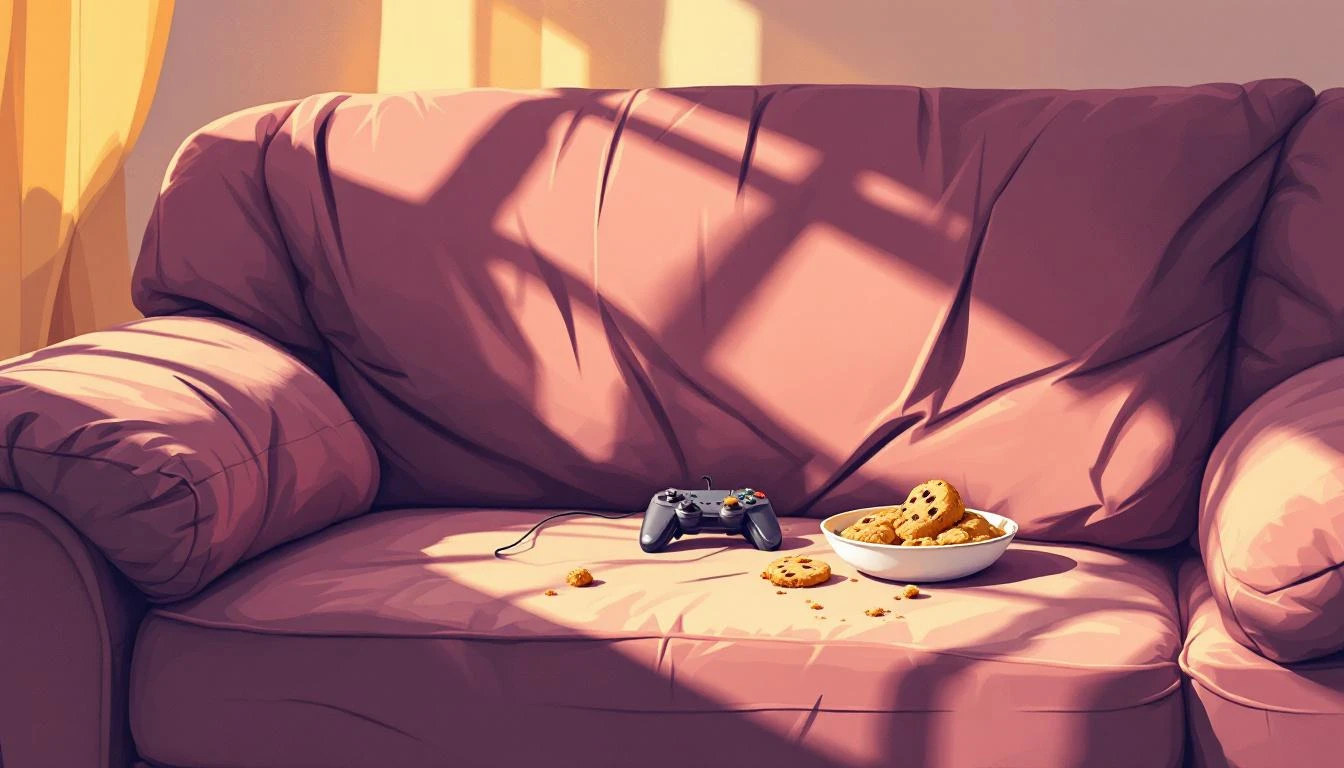 Rumpled mauve velvet couch in warm afternoon light with a bowl of cookie dough and a worn game controller.