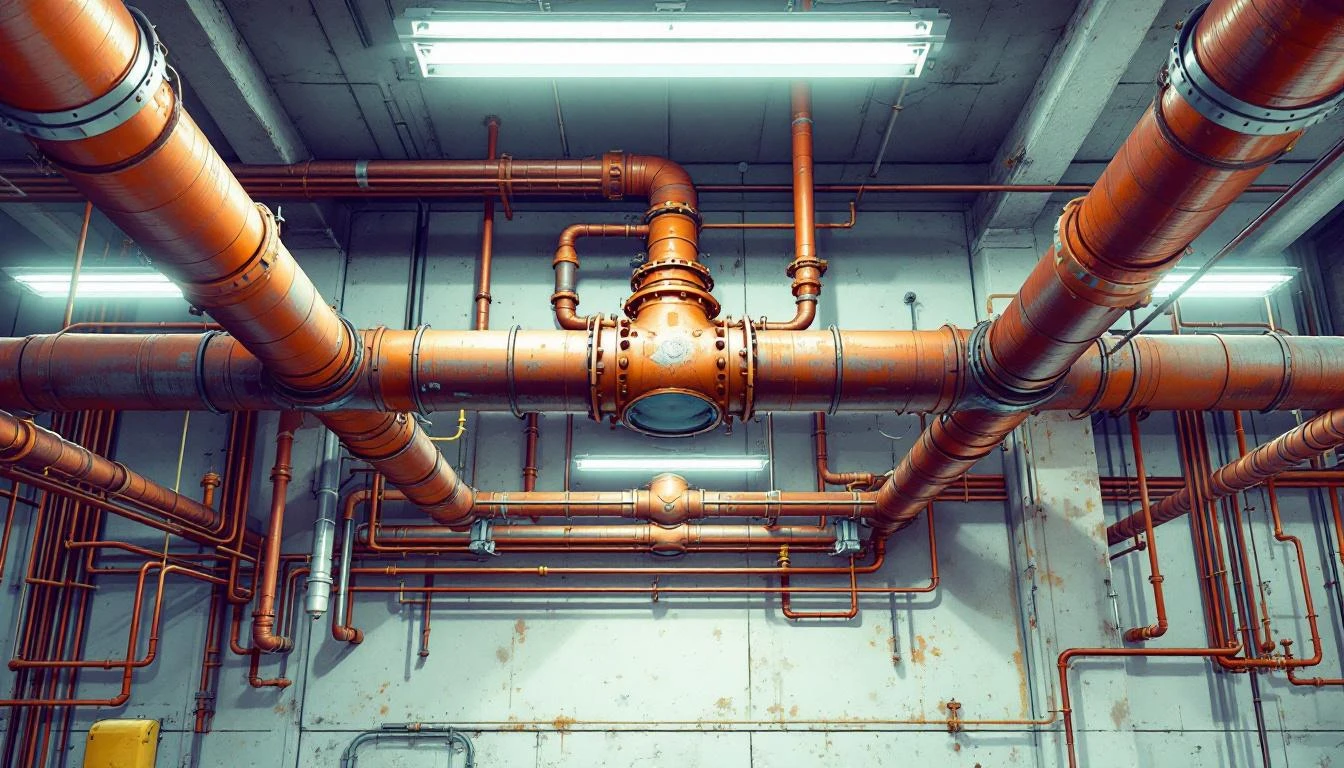 A large rusted iron pipe branching into many thin copper pipes against a weathered concrete ceiling.
