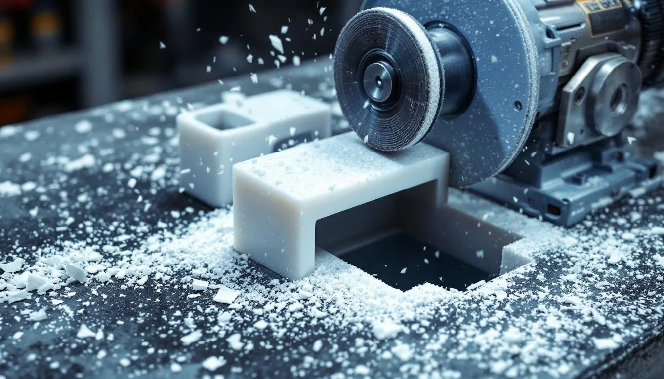 Rotary grinding tool beside a plastic housing with a widened slot, dusted with fine plastic shavings on concrete.