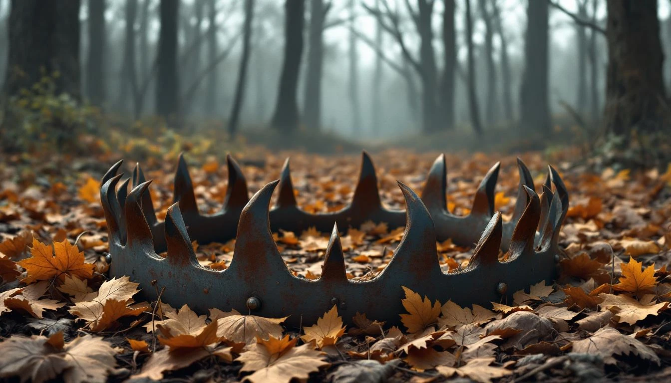 An open steel bear trap with rusted teeth resting among dry autumn leaves on a forest floor.
