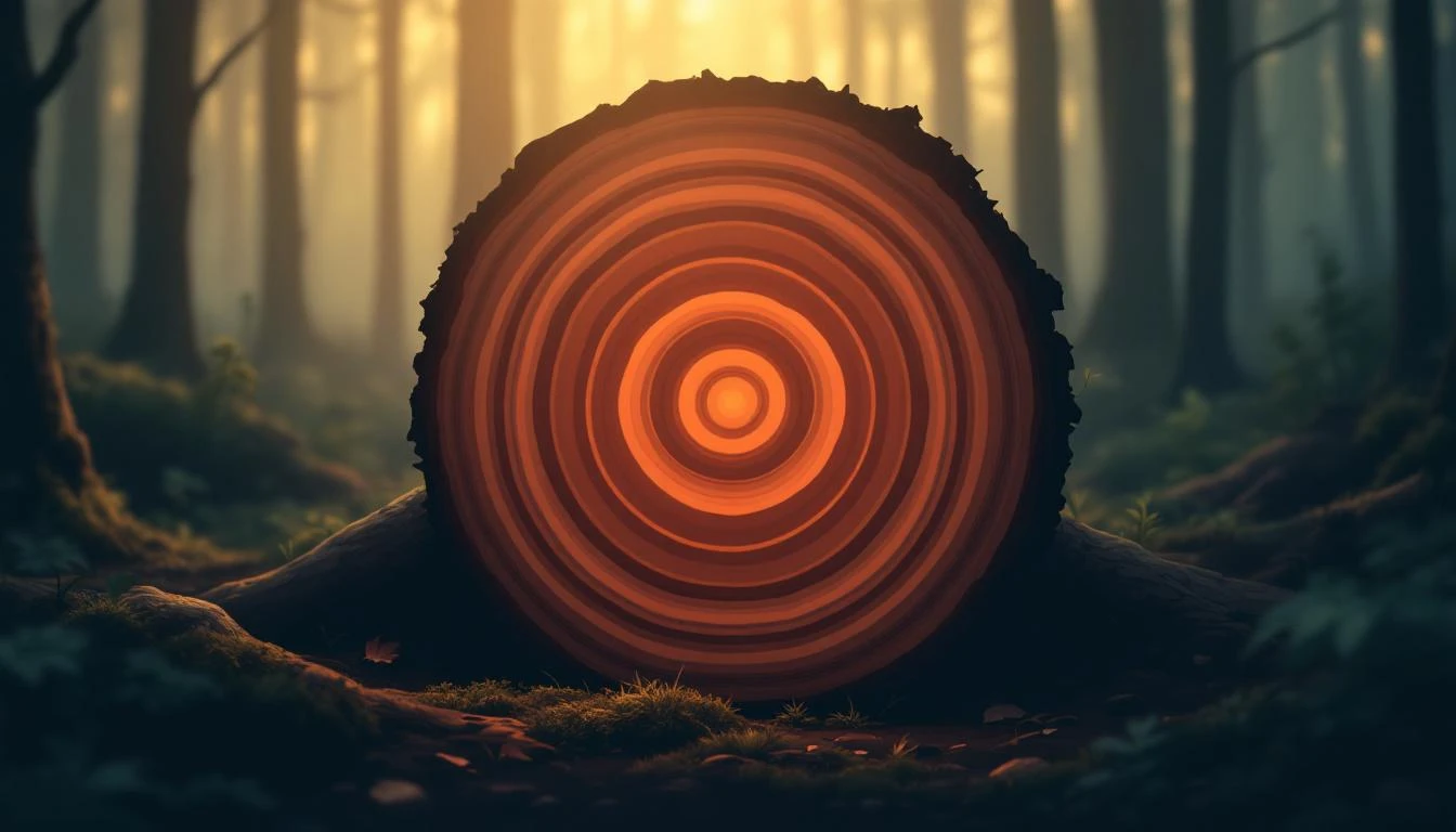 Cross-section of a log showing concentric amber tree rings under warm raking light on a dark forest floor.