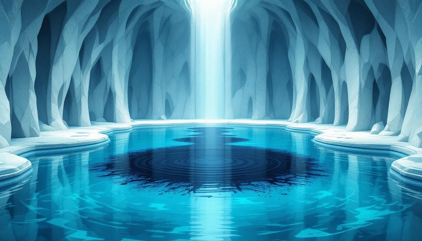 Dark ink spreading through a crystal-clear underground water reservoir lit by a single shaft of blue-white light.