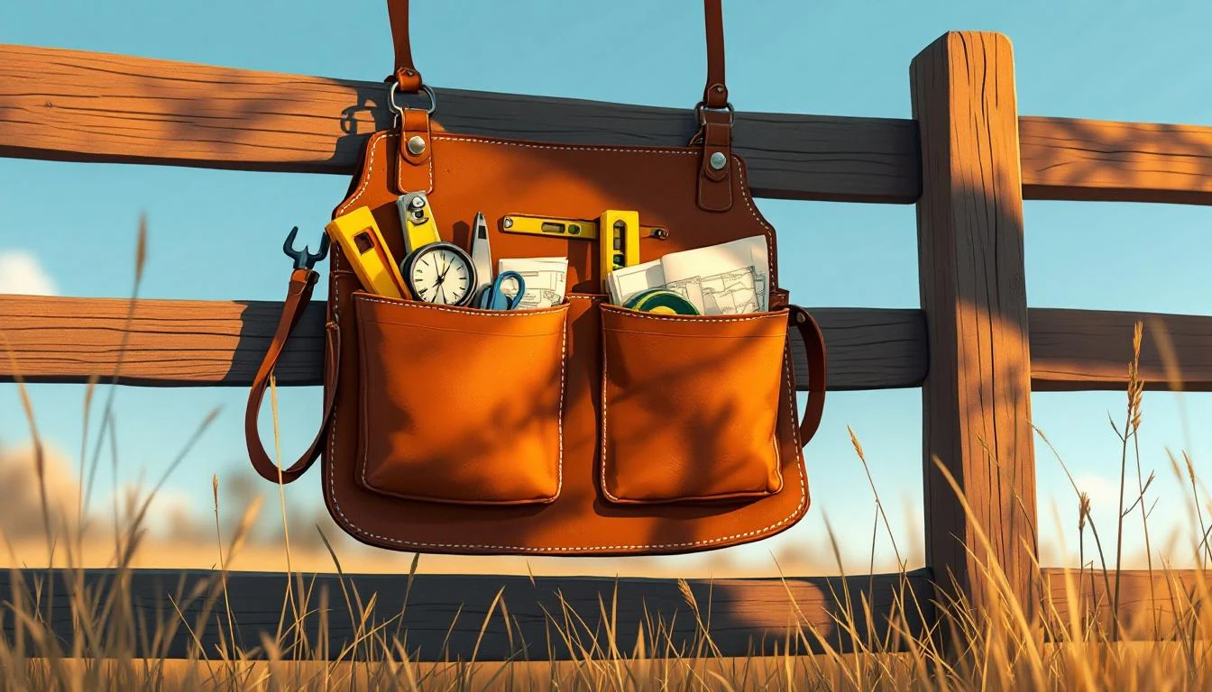 Worn leather tool belt on a wooden fence post filled with a compass, level, measuring tape, and folded map in golden-hour light.
