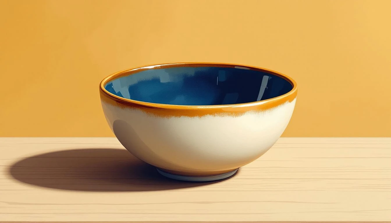 A handcrafted ceramic bowl with cobalt and amber glaze, lit by warm raking light on a wooden surface.