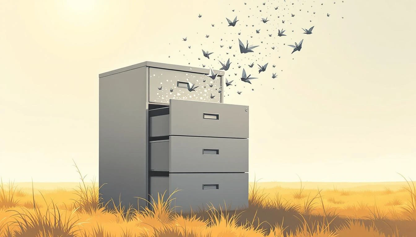 Steel filing cabinet with open drawers in a sunlit clearing, white paper cranes dissolving into geometric grids as they fly upward.