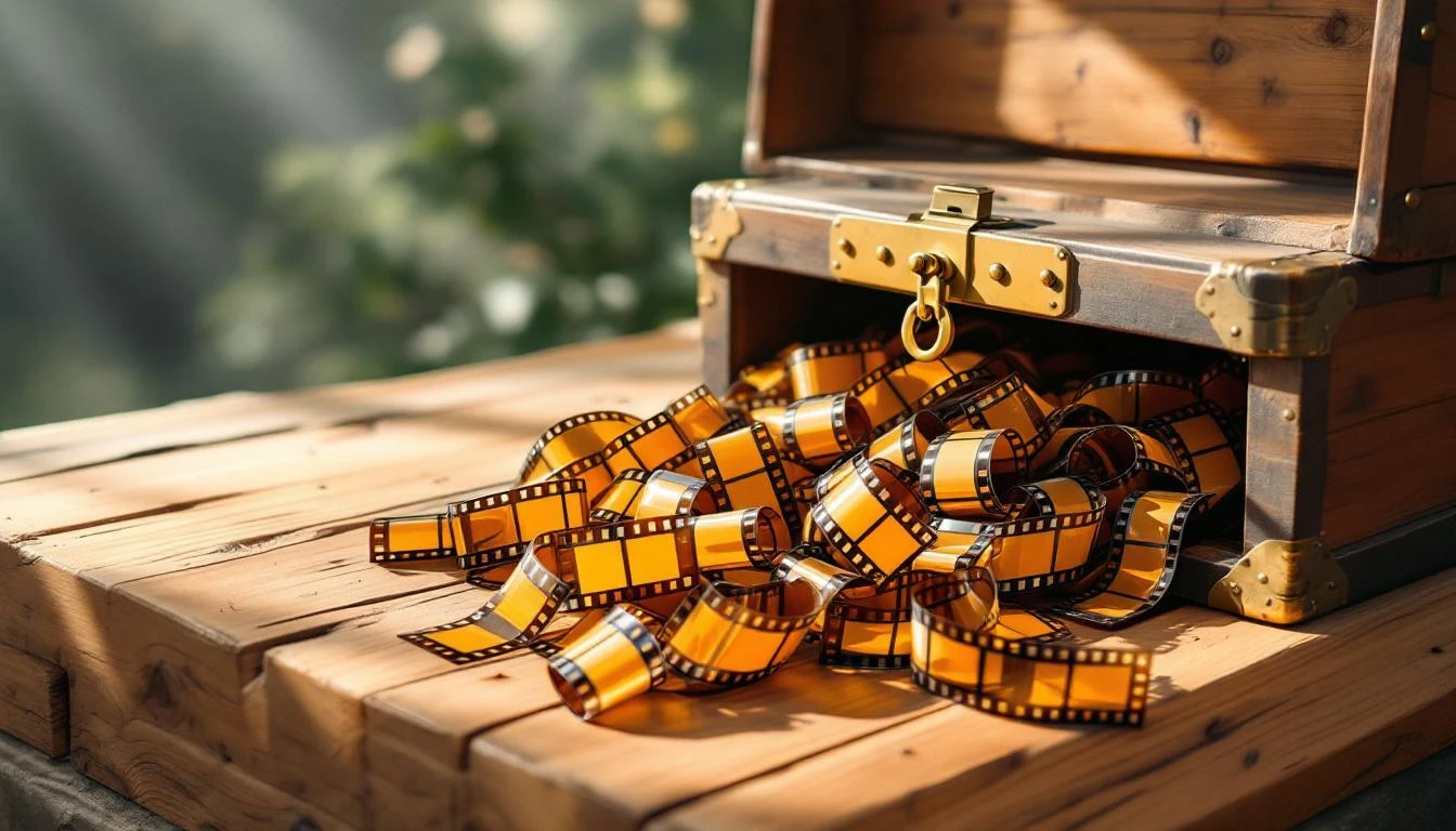Half-open wooden chest spilling curled film strips onto a cedar surface in cool morning light.