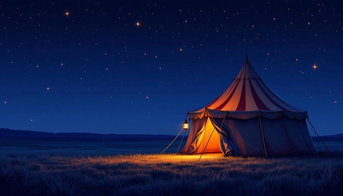 A lone carnival tent glowing orange from within under a deep indigo starlit sky at midnight.