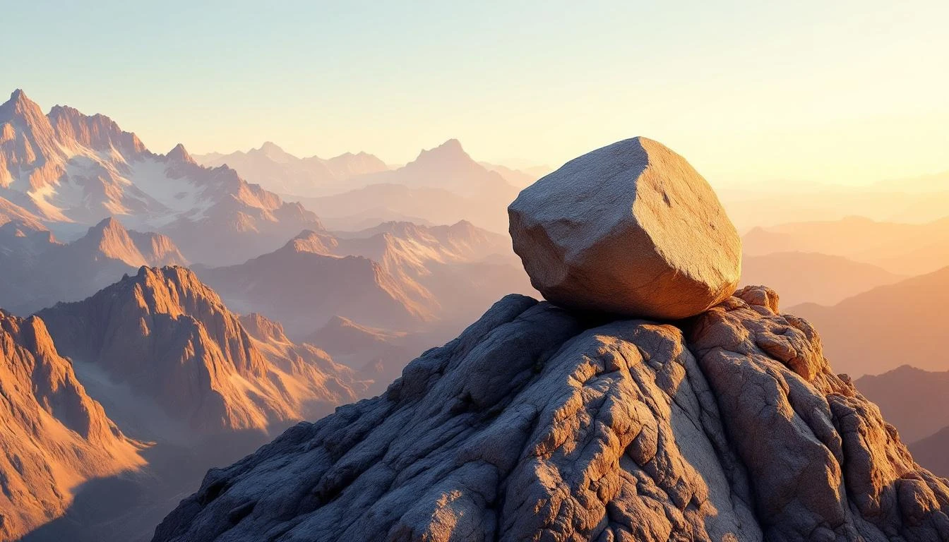 Weathered granite boulder resting on a rocky summit under warm amber light with mountain horizon behind.