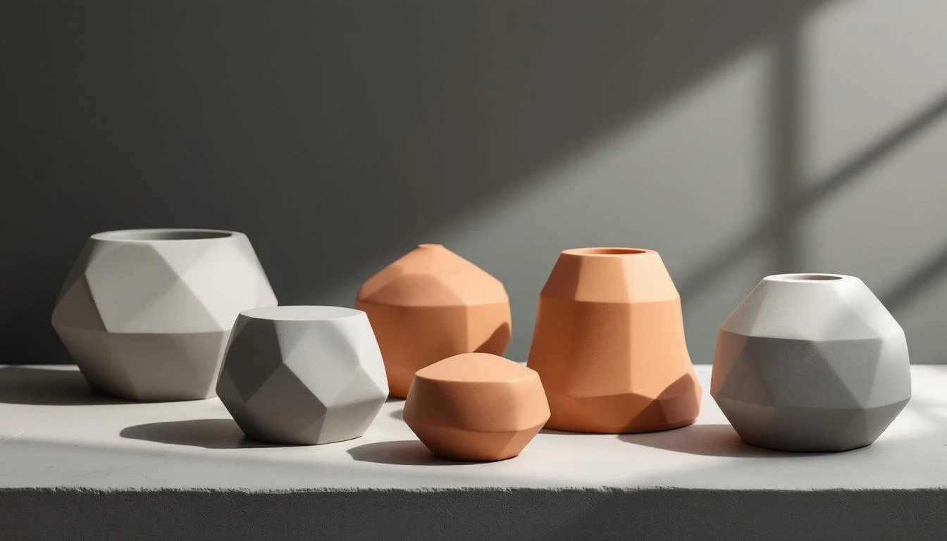 Geometric ceramic molds and freshly cast clay objects on a stone surface under diffused daylight.