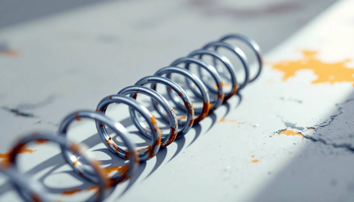 Coiled steel spring slightly compressed on a raw concrete surface in cool diffused light.