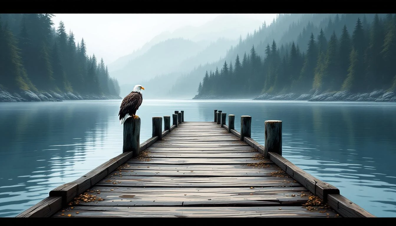 A bald eagle perches on a dock piling at a forested Pacific Northwest inlet under overcast light.