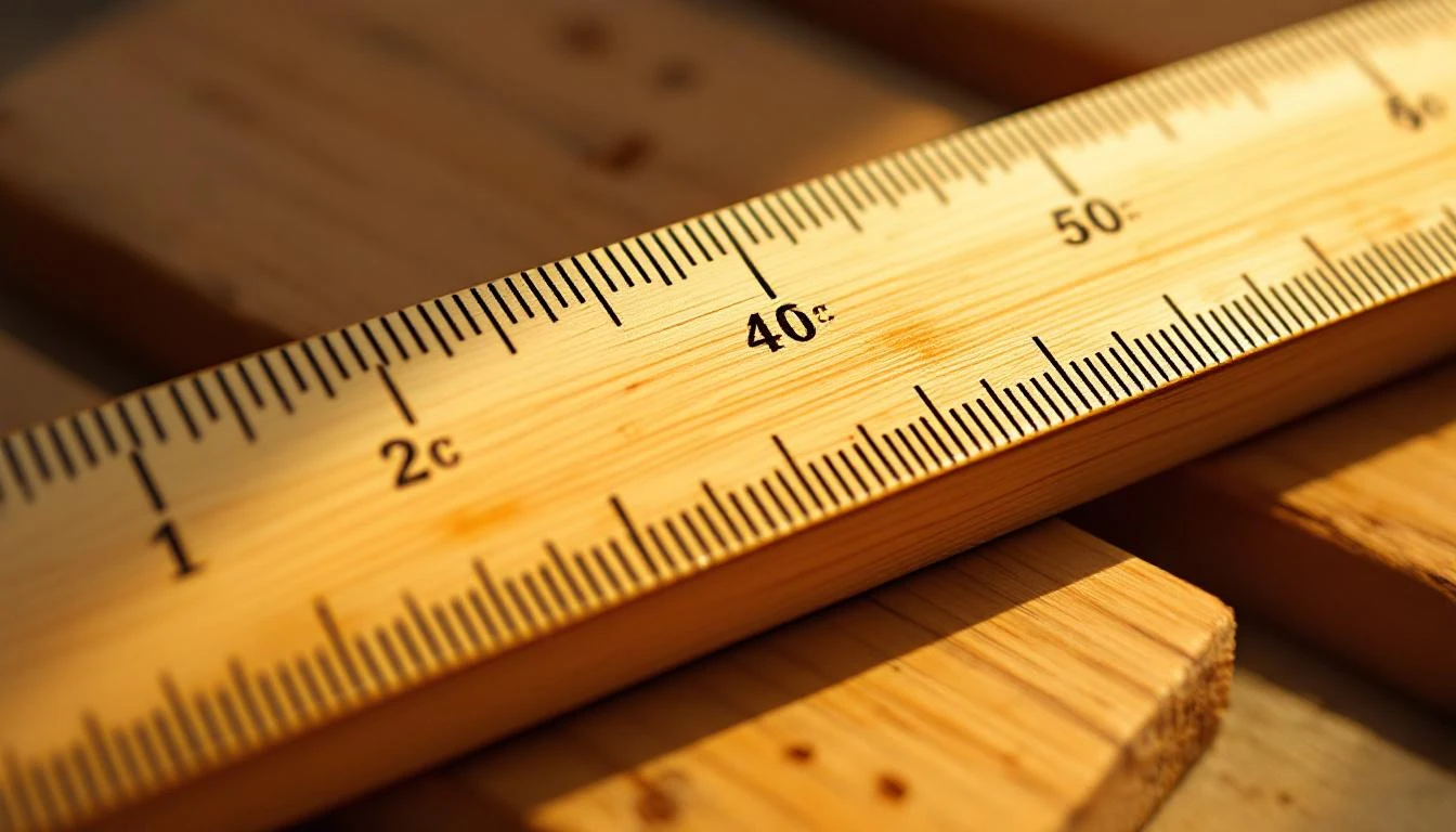 Close-up of brass graduation marks on a worn wooden yardstick resting on rough pine boards in warm amber light.