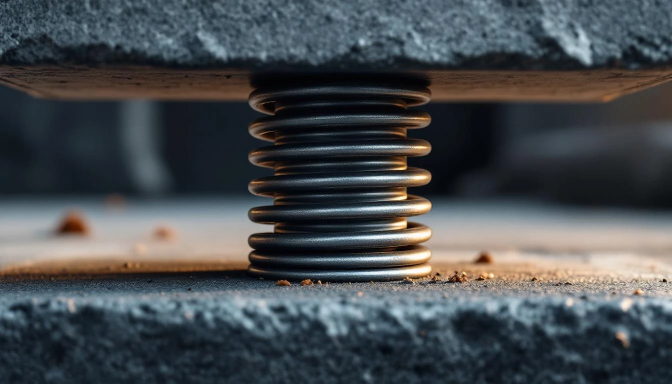 A compressed steel coil spring under a granite slab on rough concrete in cool grey sidelight.