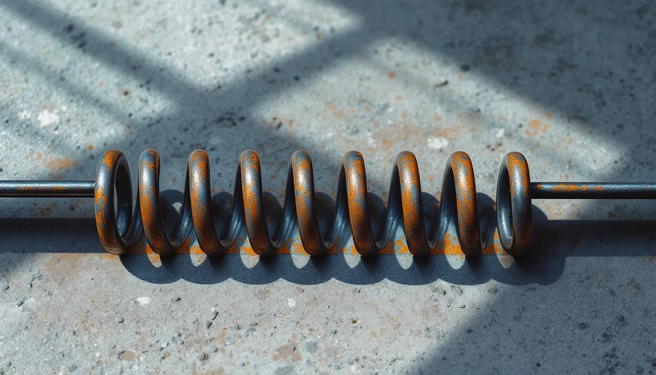 A coiled steel spring compressed at one end and extended at the other, resting on rough concrete in raking light.