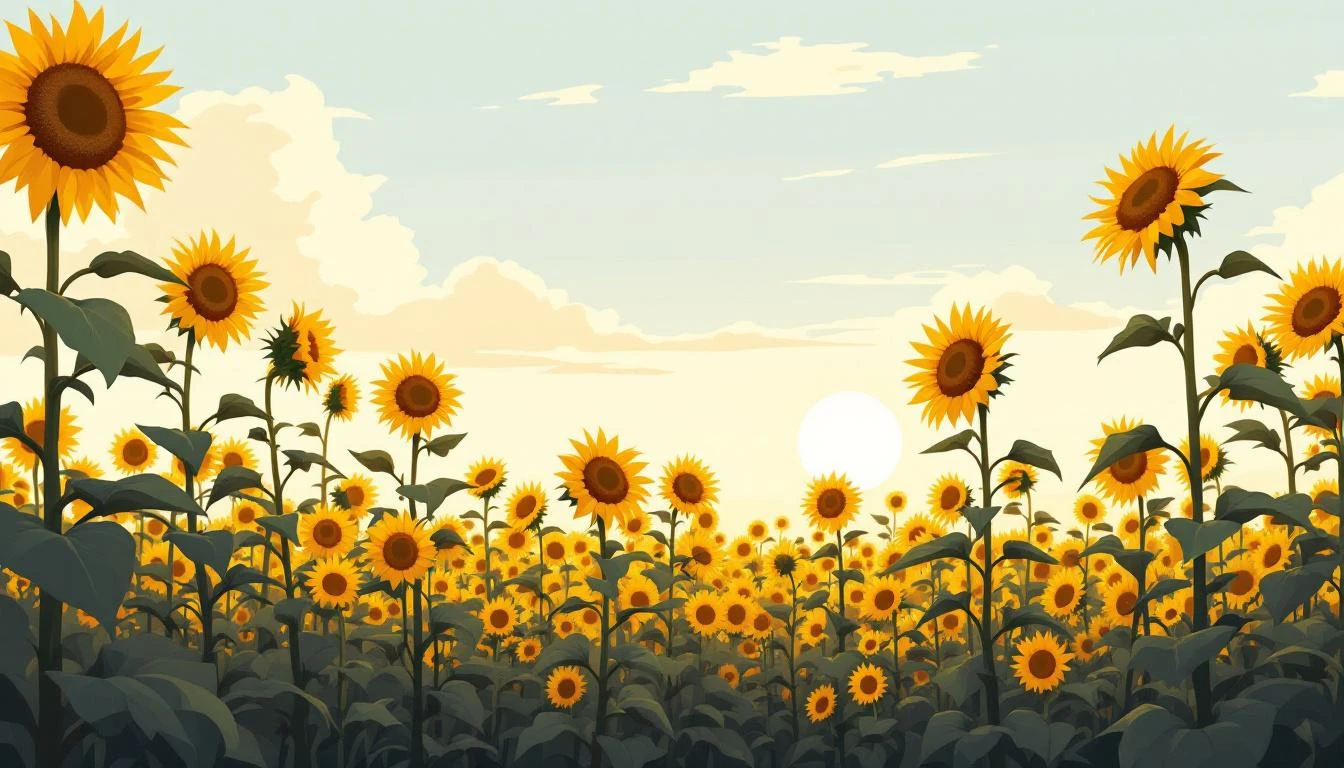 Dense field of sunflowers with visible seed heads, bathed in warm golden side-lighting against a late-afternoon sky.
