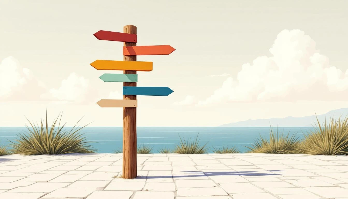 Colorful directional arrows on a wooden post in a sun-bleached coastal plaza pointing toward different horizons.