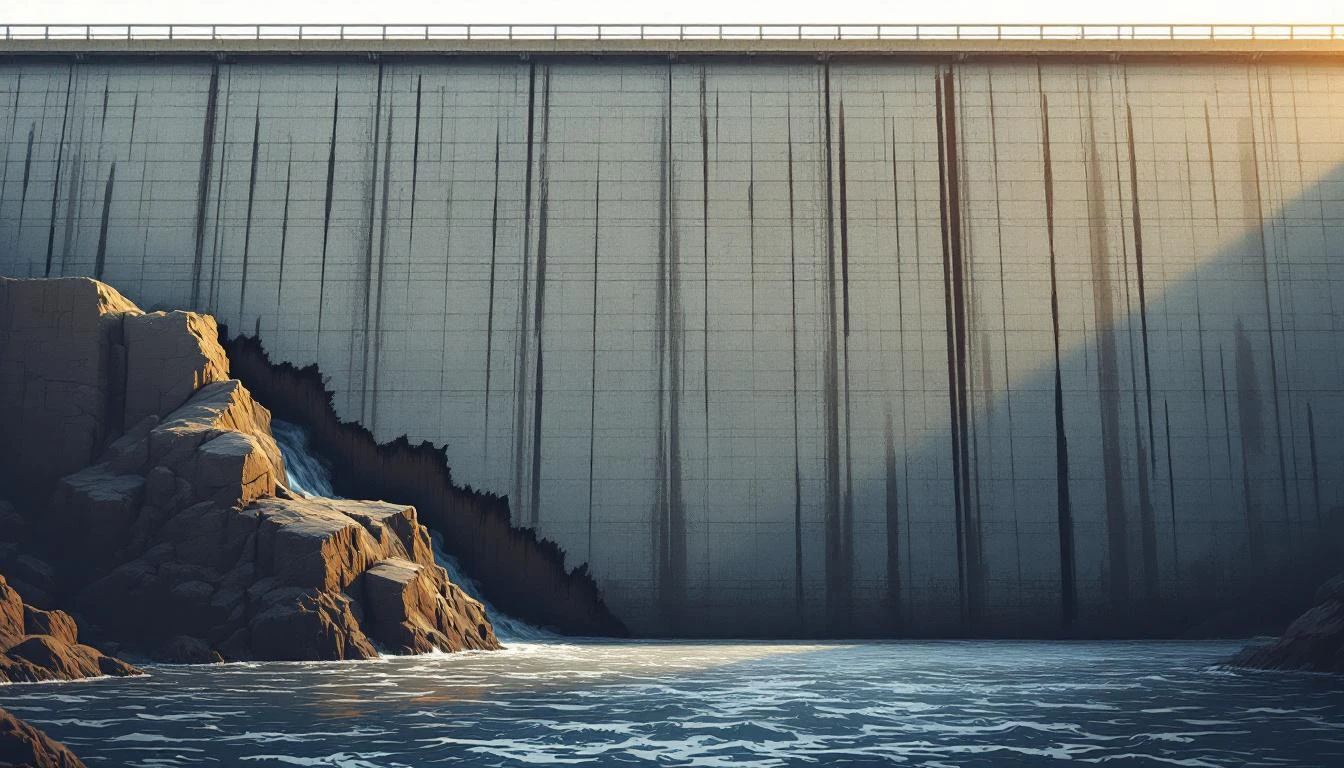 Concrete dam holding back dark churning water, intact while a smaller overflow channel crumbles beside it.