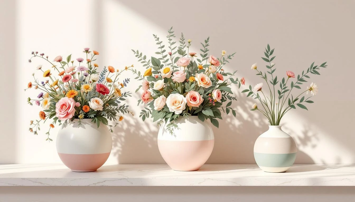 Three ceramic vases side by side: two densely packed with flowers, one with a spare elegant arrangement of three stems.