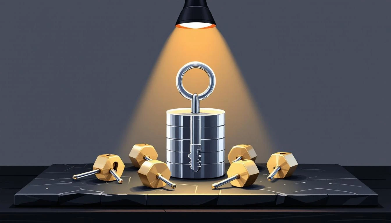 A polished silver master key connected by rods to six brass lock cylinders on dark slate.