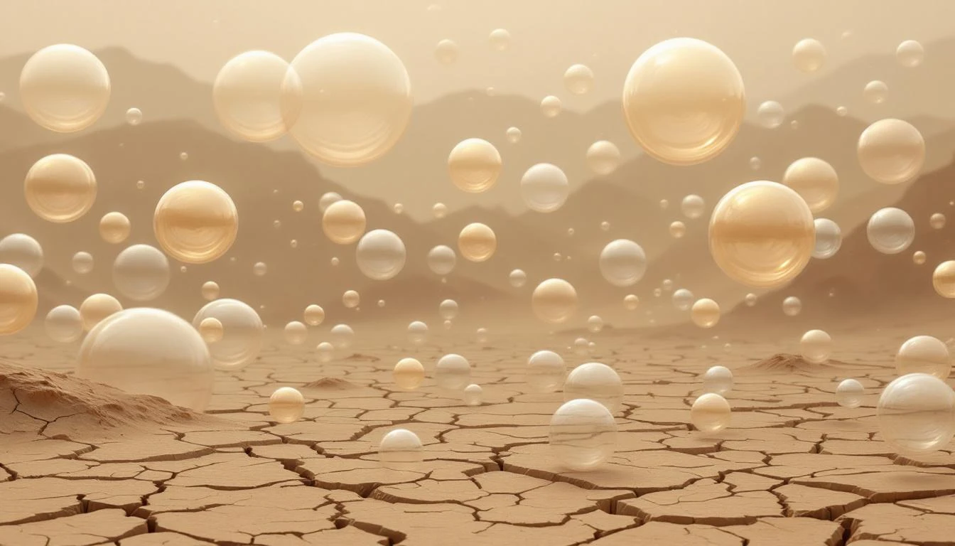 Iridescent soap bubbles of varying sizes floating above a dry cracked clay landscape under flat grey light.