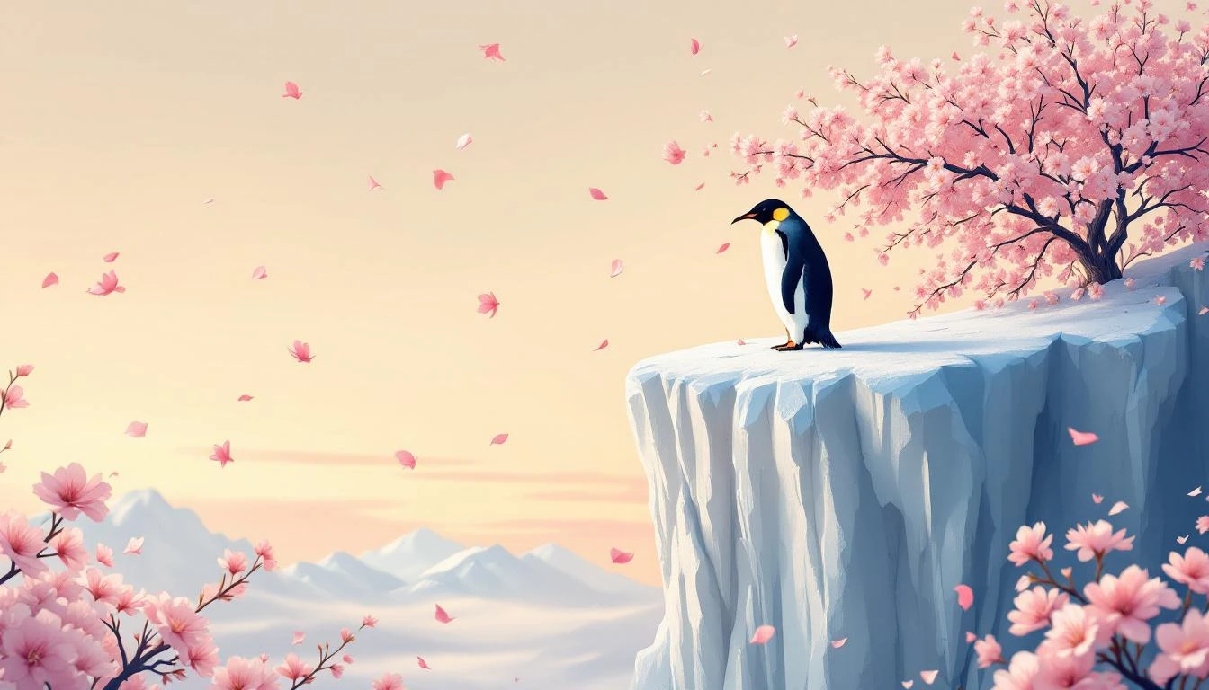 Emperor penguin on an ice cliff leaning forward as cherry blossom petals swirl upward in golden hour light.