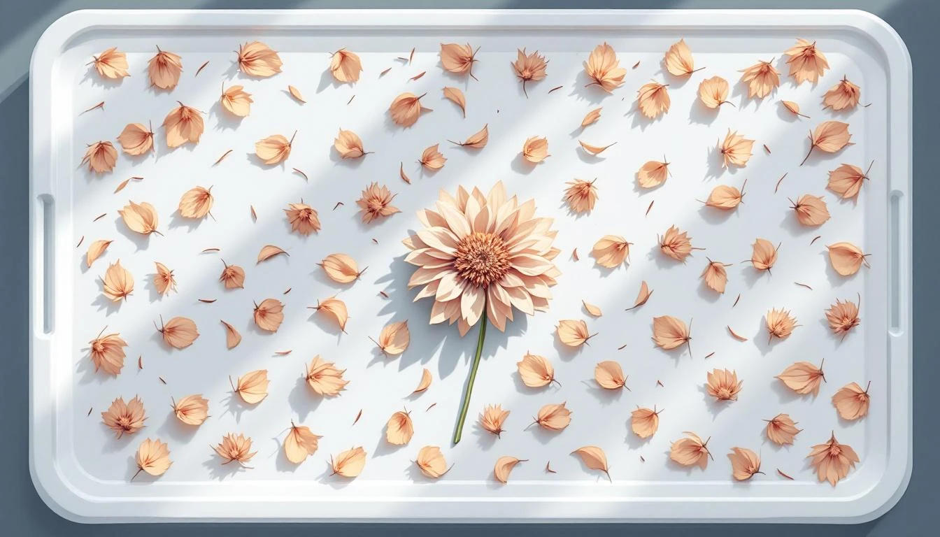 A withered flower head surrounded by dozens of fallen duplicate petals arranged in concentric rings on a white lab tray.