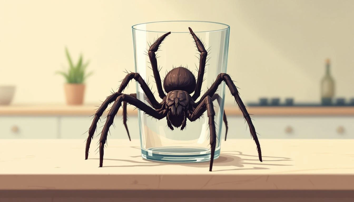 Large brown spider rearing up inside a clear glass on a pale stone countertop under warm lighting.