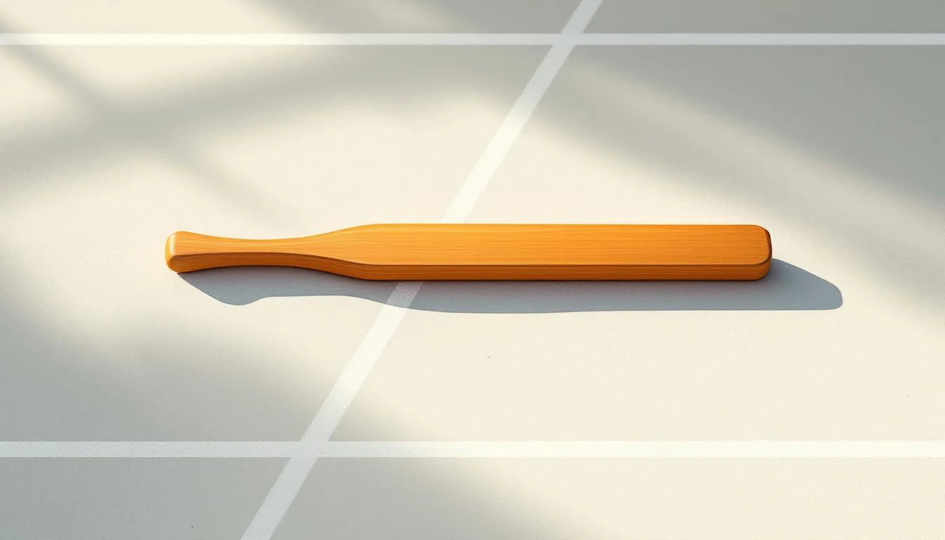 A segmented wooden relay baton on pale concrete track surface under sharp morning sidelight.