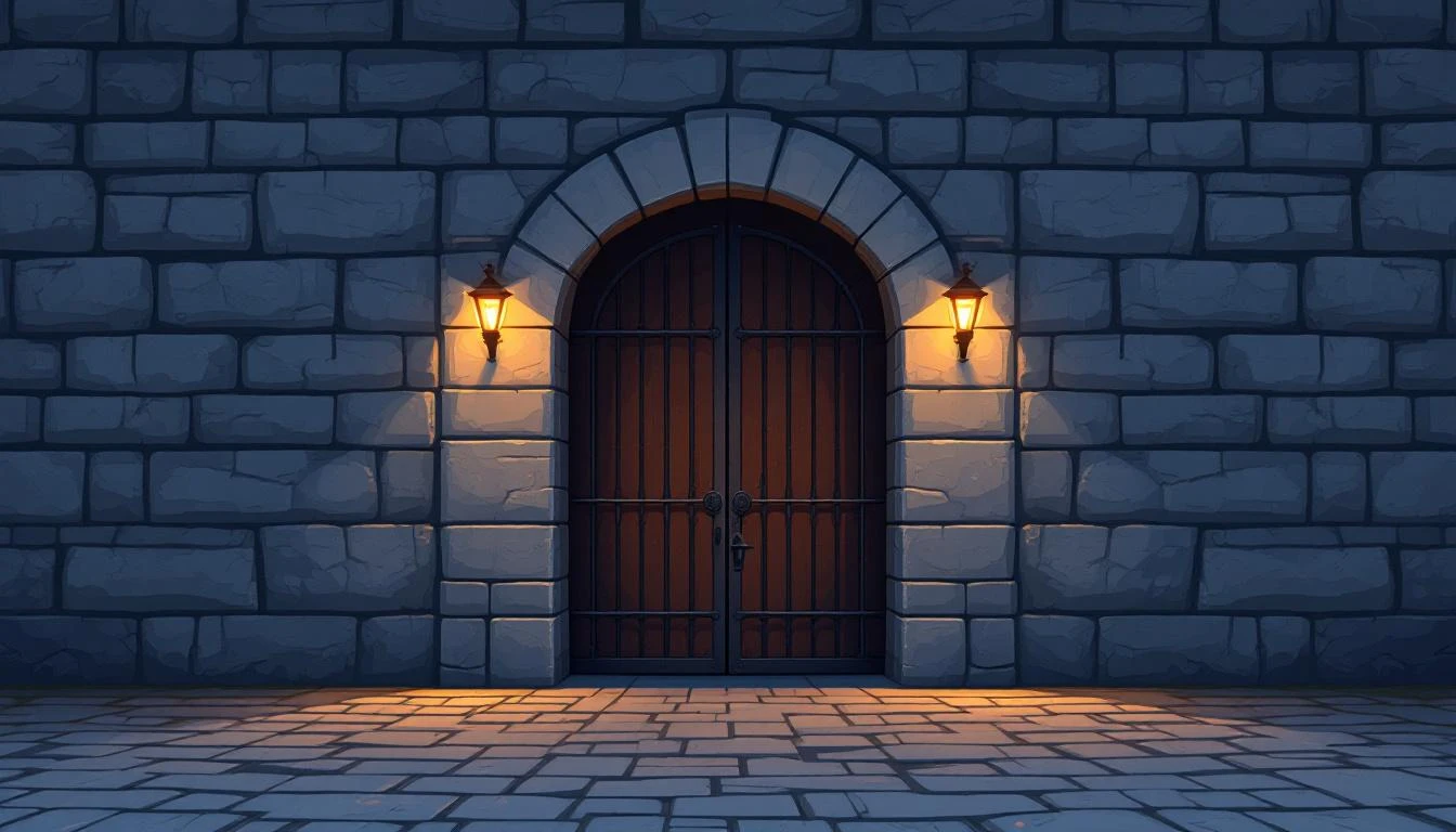 Stone fortress gatehouse with sealed iron portcullis and three arrow slits casting amber light at dusk.