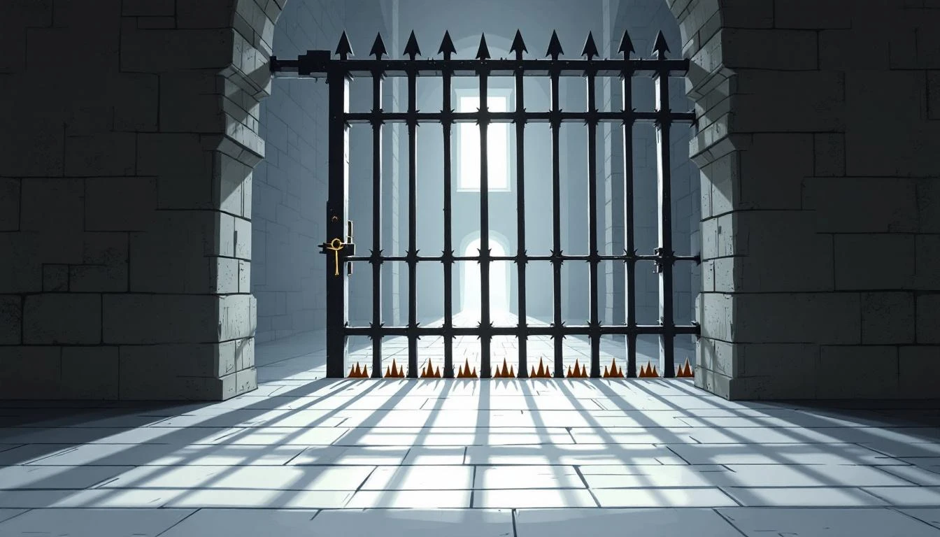 A half-lowered iron portcullis casting shadow bars across a cold stone corridor that fades into darkness.