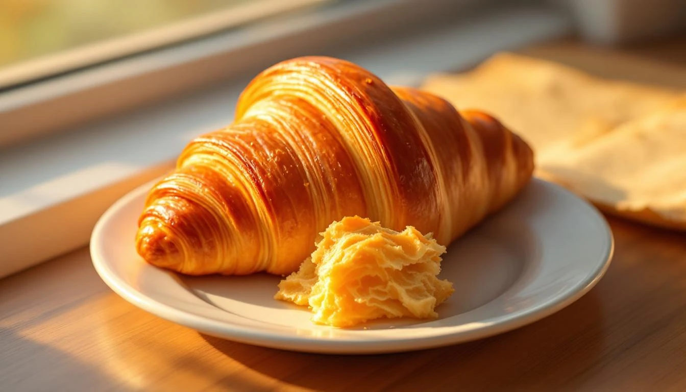 A golden-brown croissant with shattered flaky layers on a white ceramic plate in soft morning light.