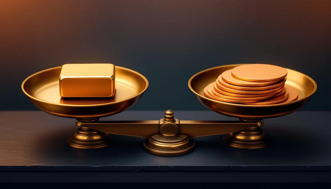 Antique brass balance scale with one thick copper ingot on one side and eight thin wafers of equal mass on the other.