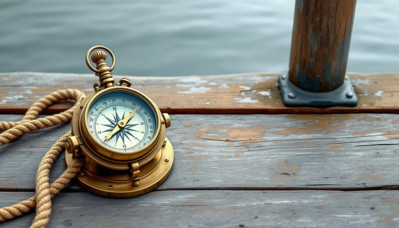 Brass compass on a weathered dock with its needle pointing at a cleat instead of the anchored boat in the water.