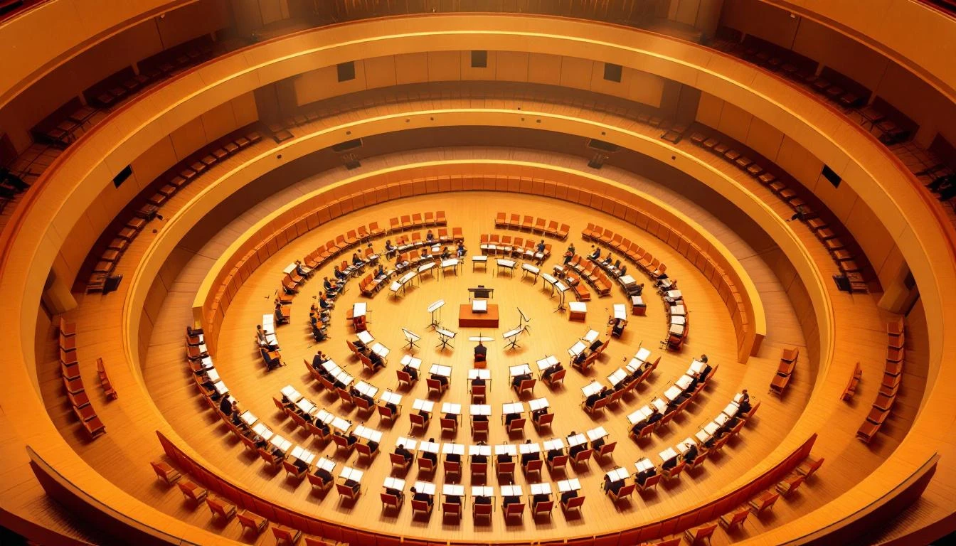 Empty orchestra pit viewed from above, chairs and stands arranged in concentric semicircle sections under warm amber stage lighting.
