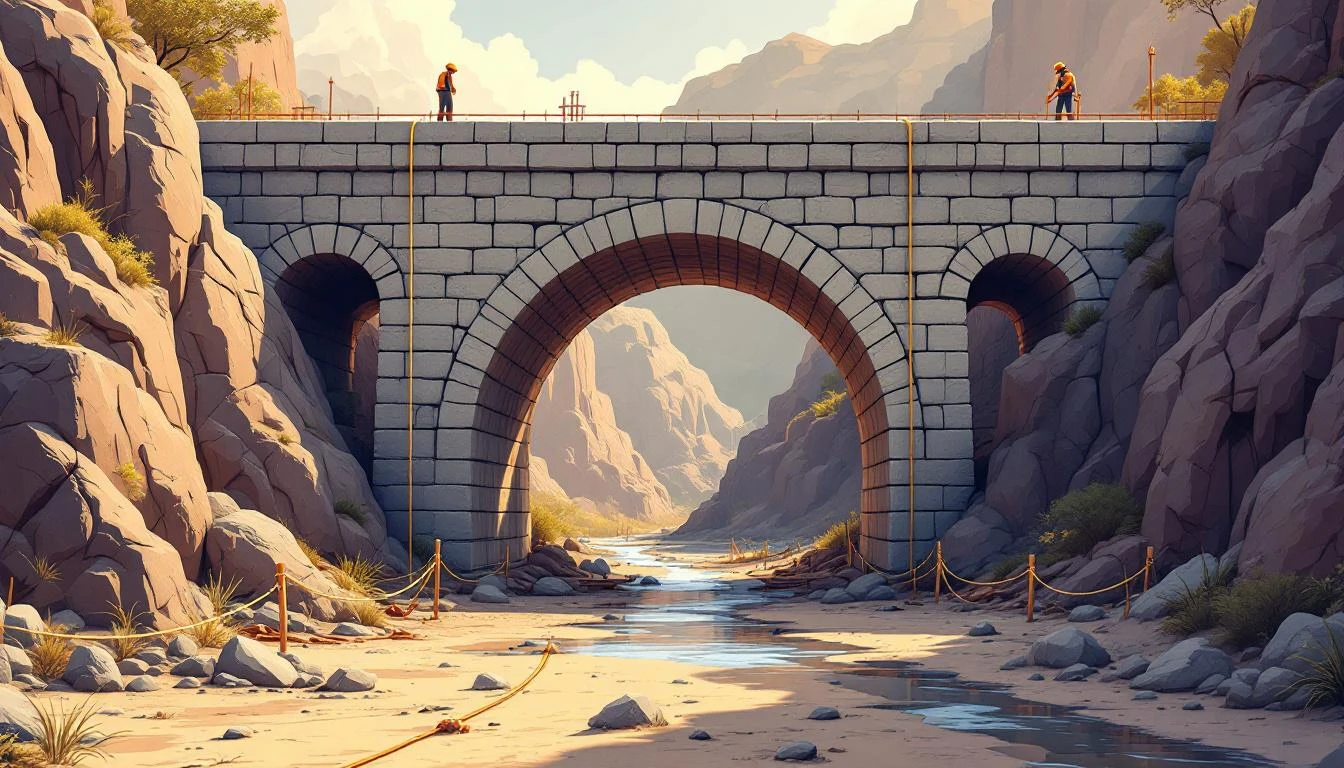 Stone arch bridge under construction with limestone blocks and surveyor cords in golden afternoon light.