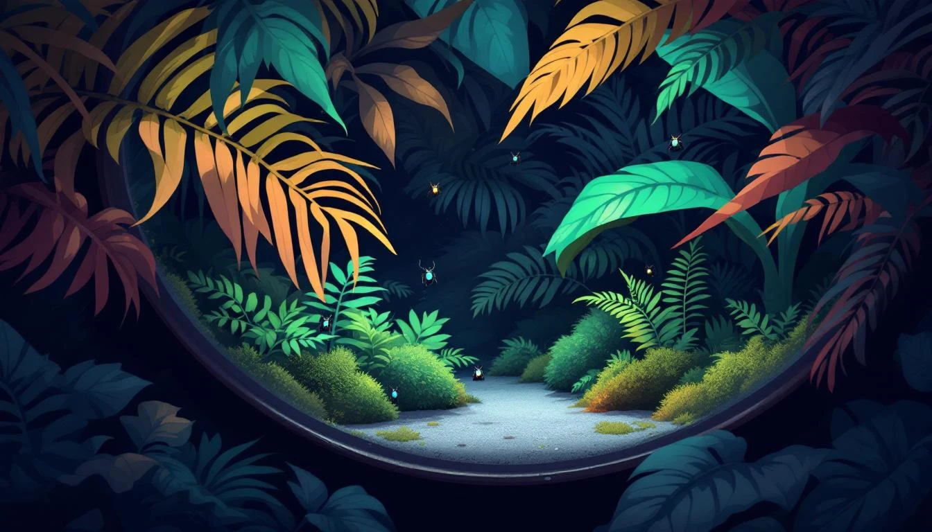 Iridescent beetles hidden among fern fronds and moss in a dimly lit terrarium, one catching amber light.