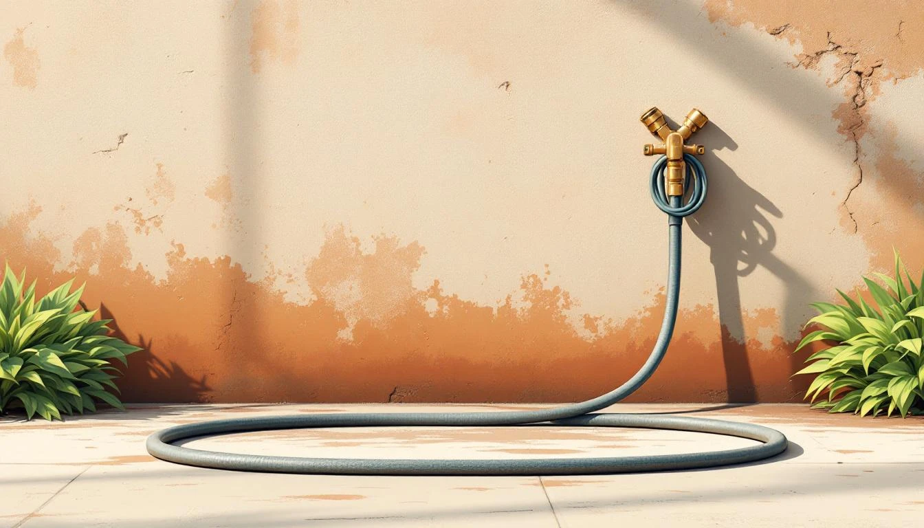 Brass Y-splitter garden hose with one clean branch and one knotted dead-end branch on dry concrete.