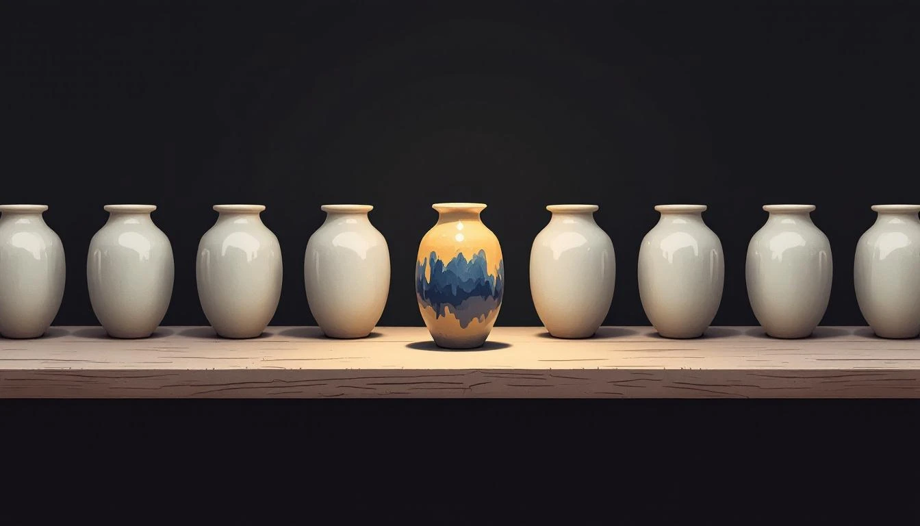 A single cobalt and amber glazed ceramic vessel pulled forward from a row of muted pottery on a wooden shelf.