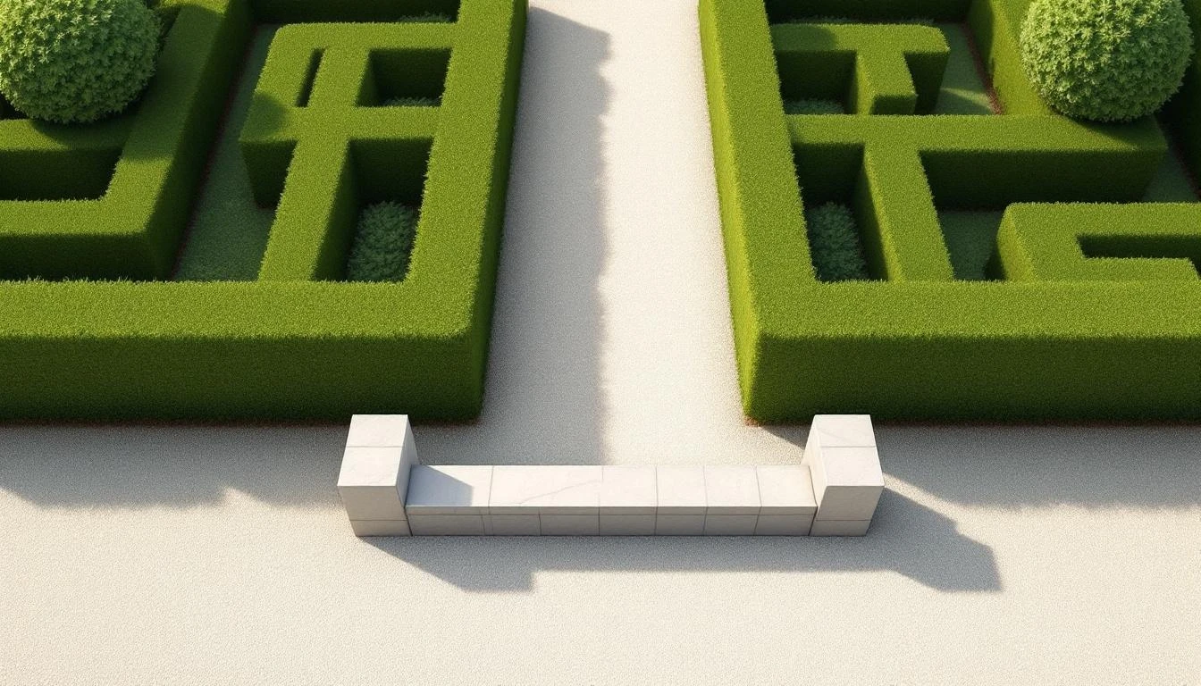 Aerial view of a dark hedgerow garden maze with one path sealed by a stone barrier, single route open under afternoon sun.